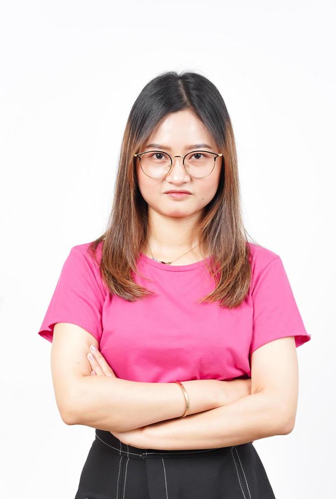 Folding arms and angry face expression of Beautiful Asian Woman Isolated On White Background photo