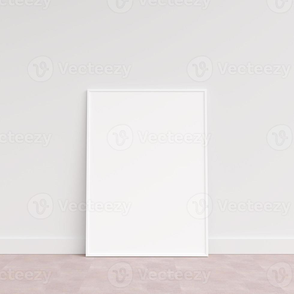 Empty picture frame on wooden floor leaning against wall. Blank poster frame standing on wooden floor. Blank poster frame mockup. Empty picture frame mockup. 3d rendering. photo