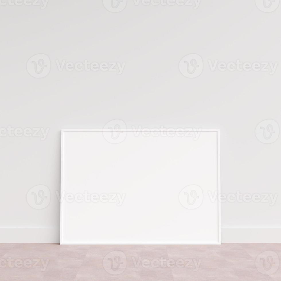 Empty picture frame on wooden floor leaning against wall. Blank poster frame standing on wooden floor. Blank poster frame mockup. Empty picture frame mockup. 3d rendering. photo