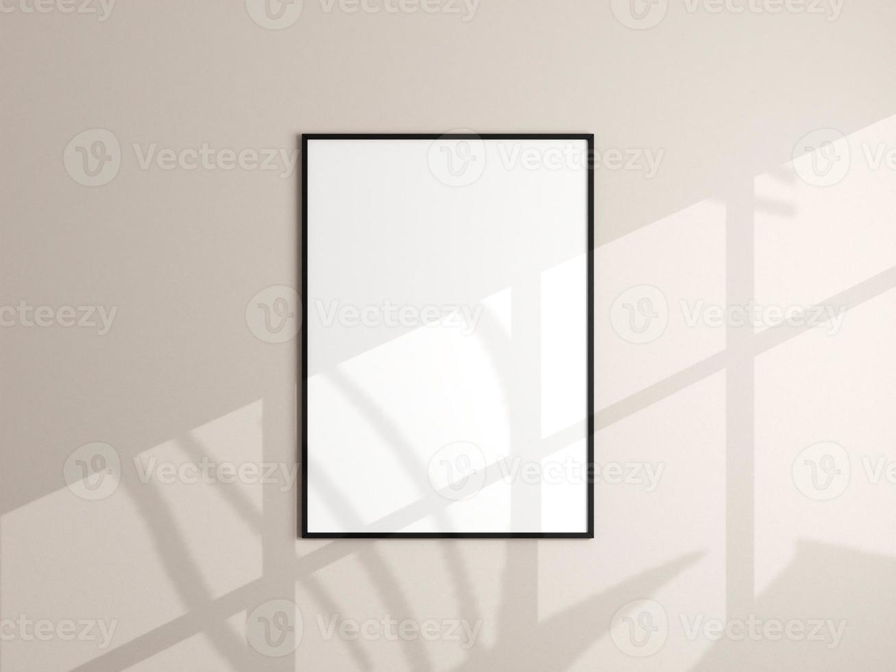 Photo frame mockup hanging on beige wall. Minimalist background. Blank picture frame mockup in living room. Poster mockup. Clean, modern, minimal frame. 3d rendering.