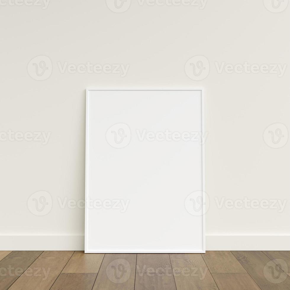 Empty picture frame on wooden floor leaning against wall. Blank poster frame standing on wooden floor. Blank poster frame mockup. Empty picture frame mockup. 3d rendering. photo