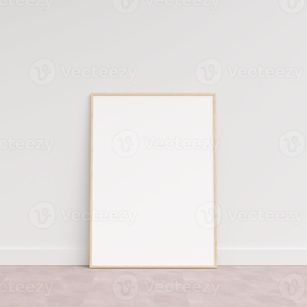 marco de imagen vacío en el piso de madera apoyado contra la pared. marco de póster en blanco sobre un piso de madera. maqueta de marco de póster en blanco. maqueta de marco de imagen vacía. representación 3d foto