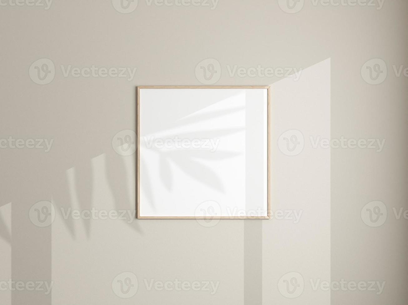 Photo frame mockup hanging on white wall. Minimalist background. Blank picture frame mockup in living room. Poster mockup. Clean, modern, minimal frame. 3d rendering.