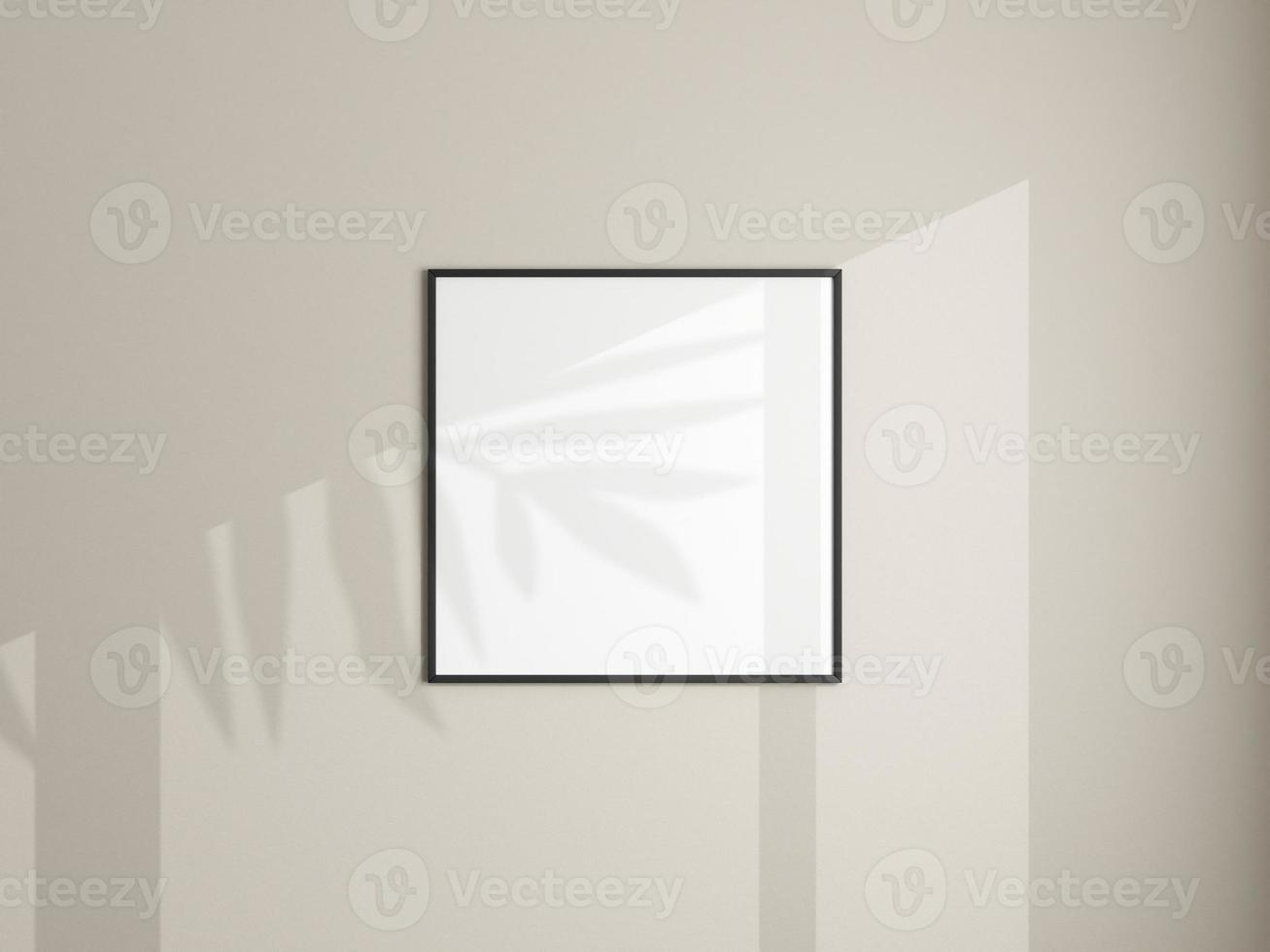 Photo frame mockup hanging on white wall. Minimalist background. Blank picture frame mockup in living room. Poster mockup. Clean, modern, minimal frame. 3d rendering.