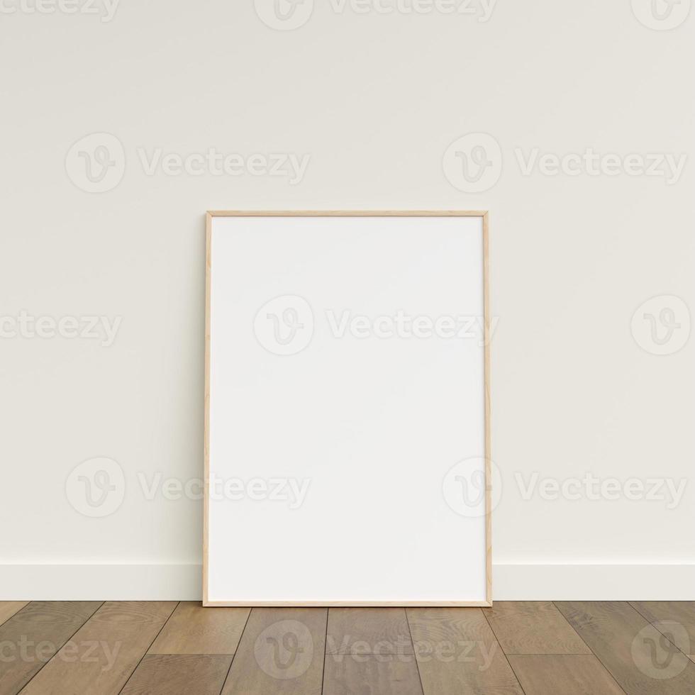 Empty picture frame on wooden floor leaning against wall. Blank poster frame standing on wooden floor. Blank poster frame mockup. Empty picture frame mockup. 3d rendering. photo