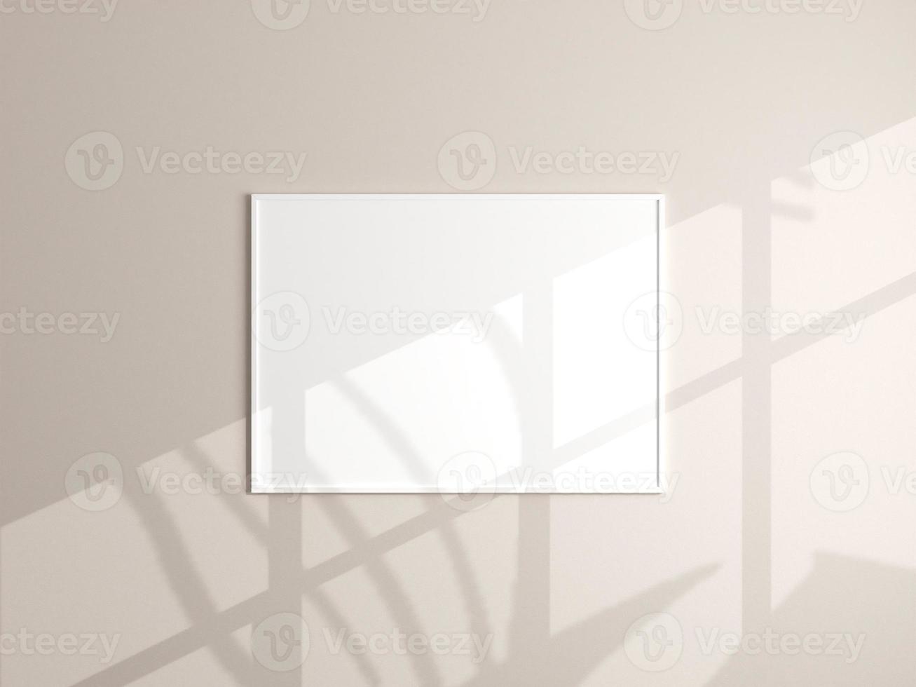 Photo frame mockup hanging on beige wall. Minimalist background. Blank picture frame mockup in living room. Poster mockup. Clean, modern, minimal frame. 3d rendering.