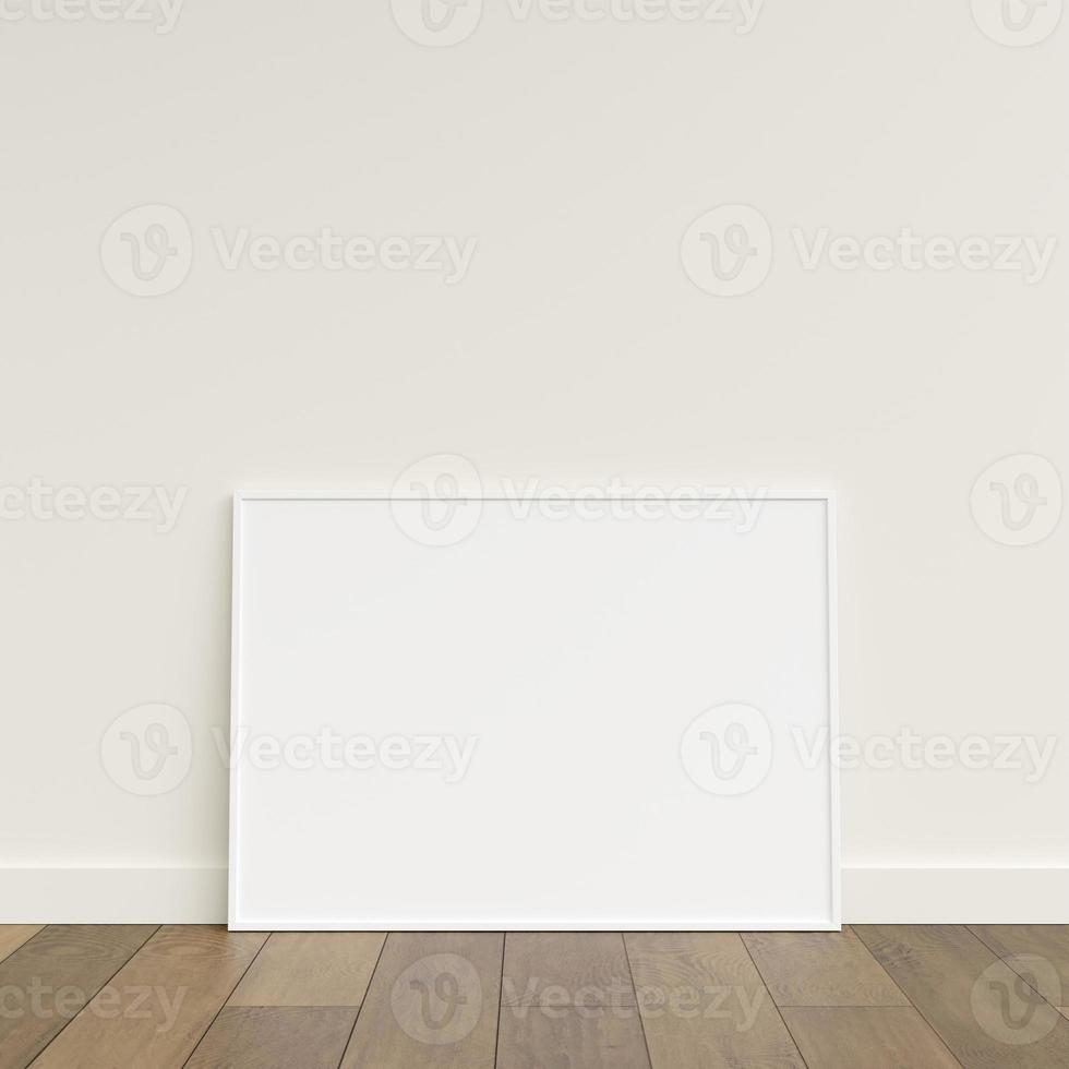 Empty picture frame on wooden floor leaning against wall. Blank poster frame standing on wooden floor. Blank poster frame mockup. Empty picture frame mockup. 3d rendering. photo