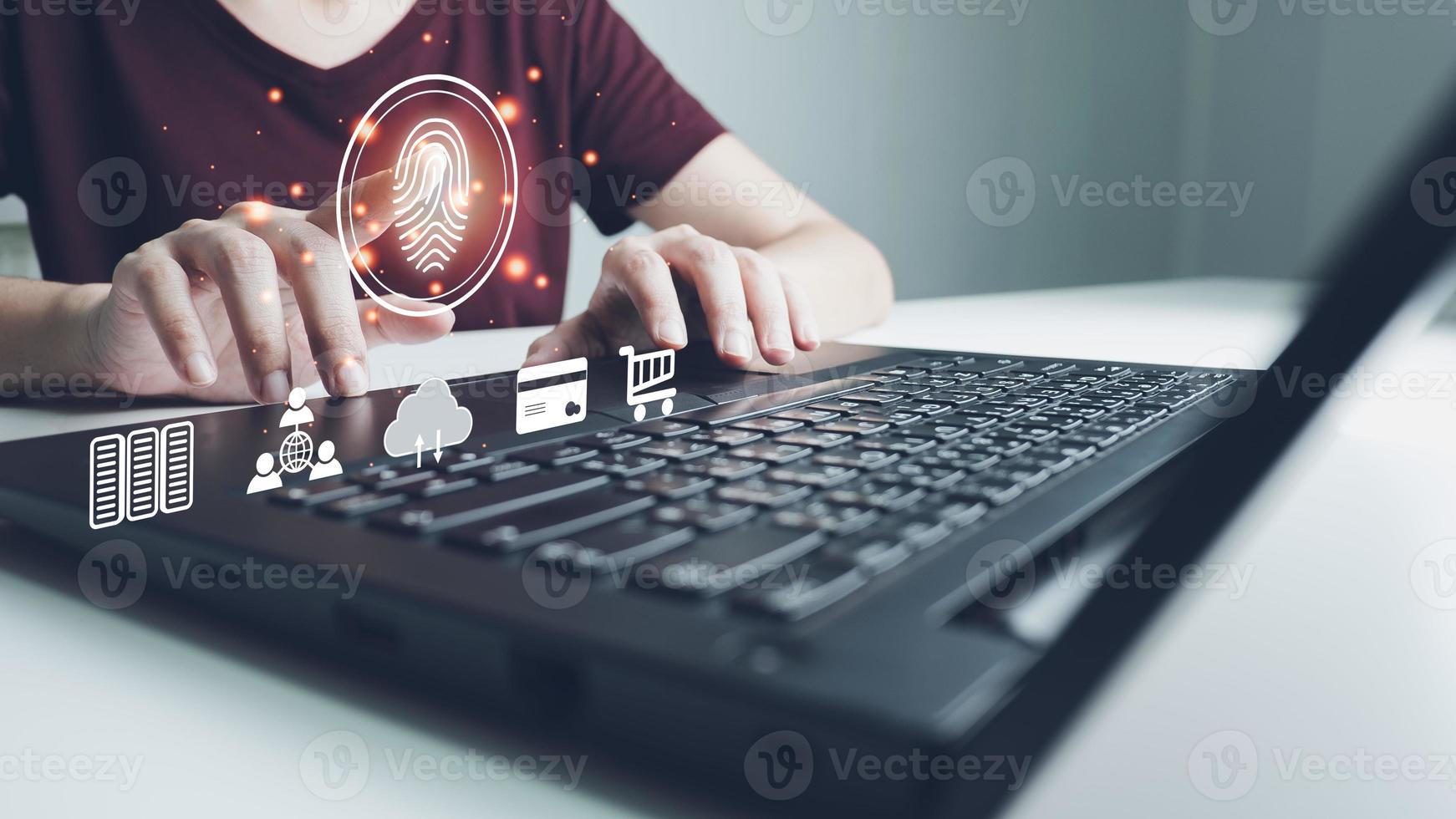Person touching screen to fingerprint scanner, security access information, big data management concept, Internet of things, cloud computing, internet connection, shopping online and cashless society. photo