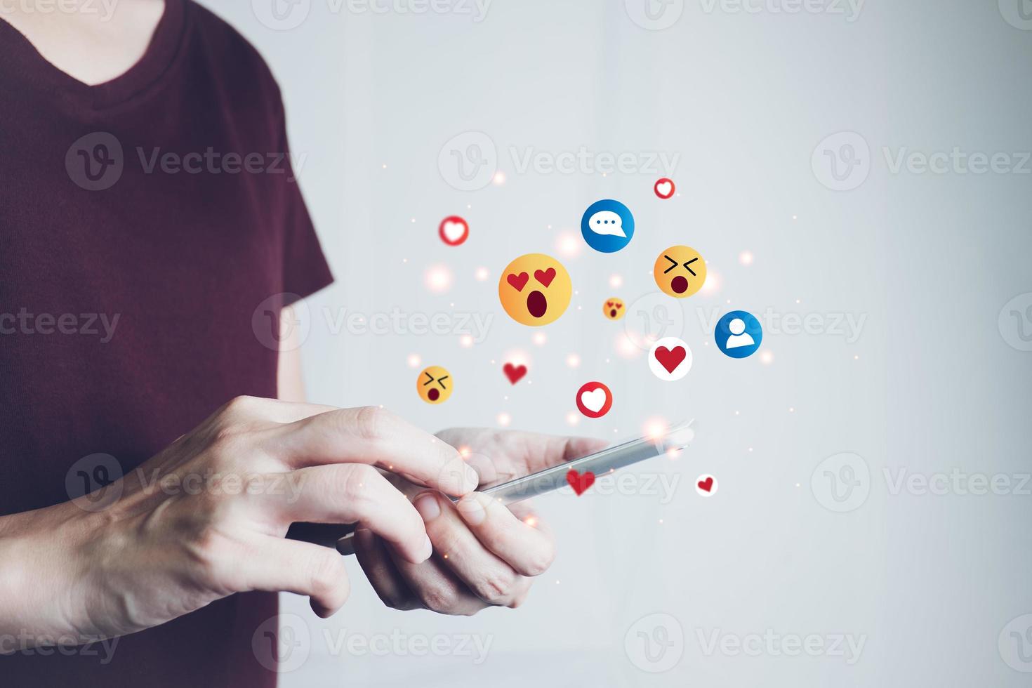 Concept of using digital media, technology, social media online surfing, woman's hand using smartphone to use the internet, work from home for social distancing. photo