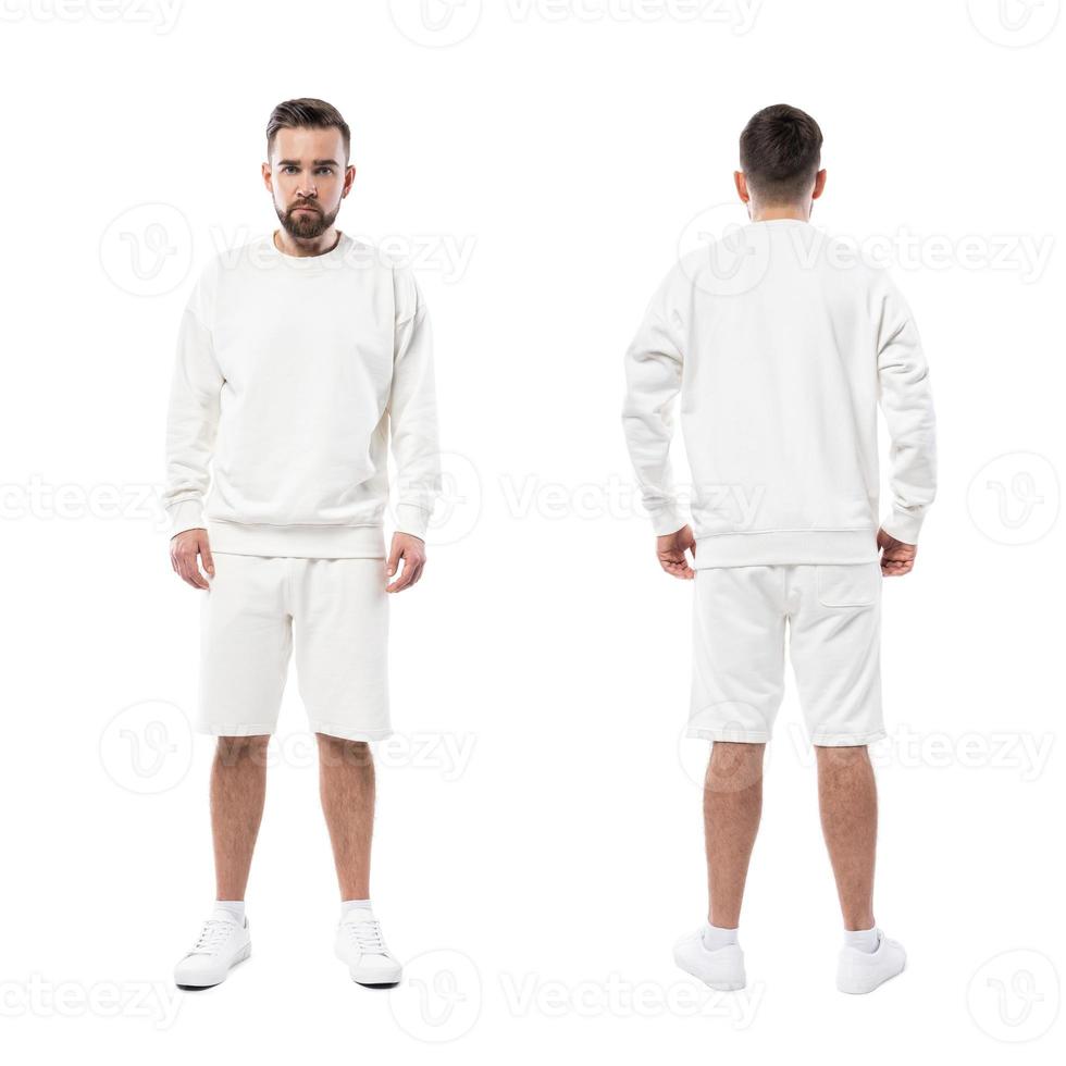 Man wearing blank white sweatshirt and shorts on white background photo