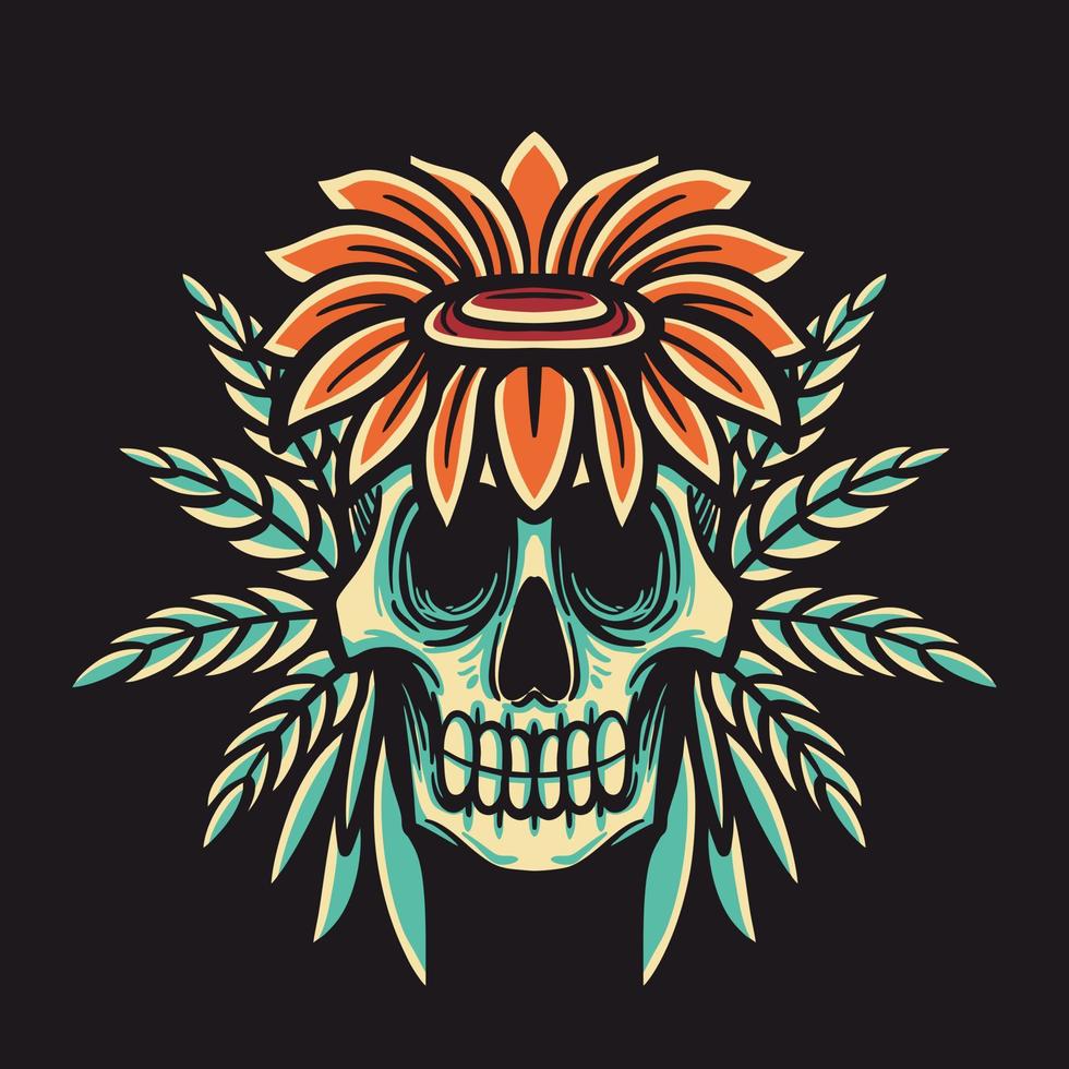 Skull Flower and Plant Vector Retro Illustration