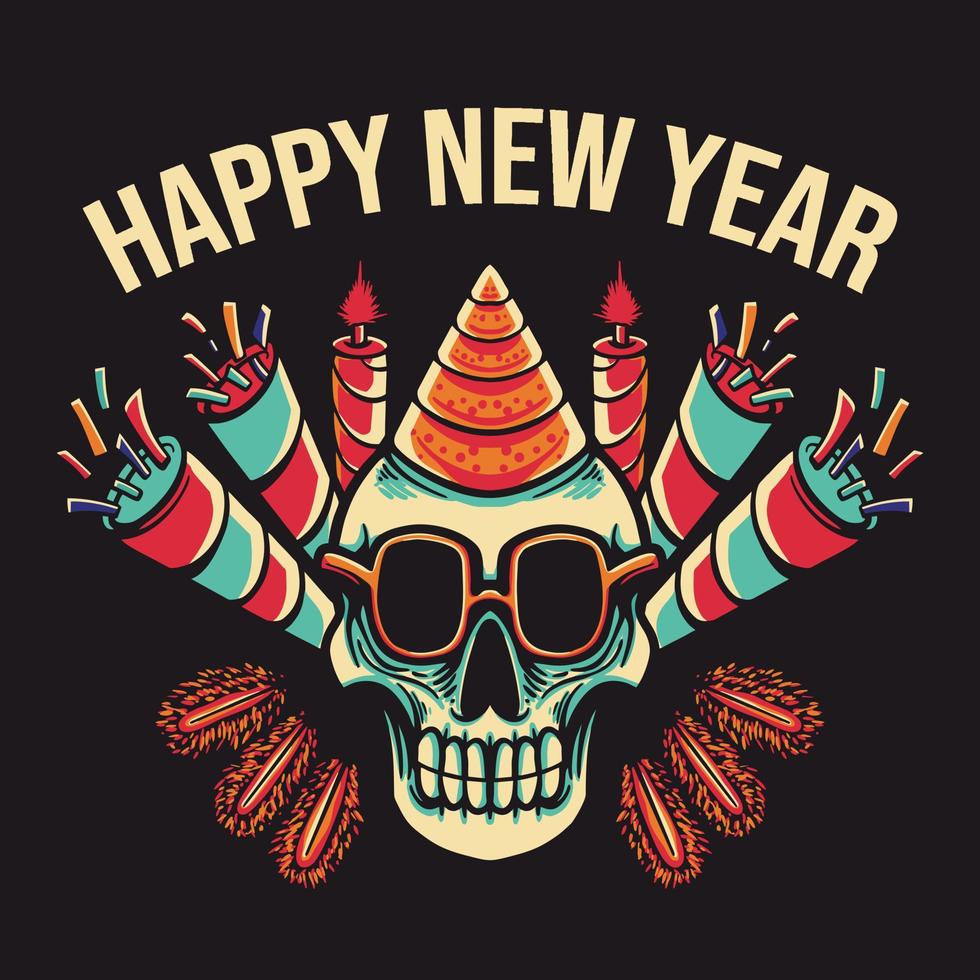 Skull Happy New Year Retro Vector Illustration