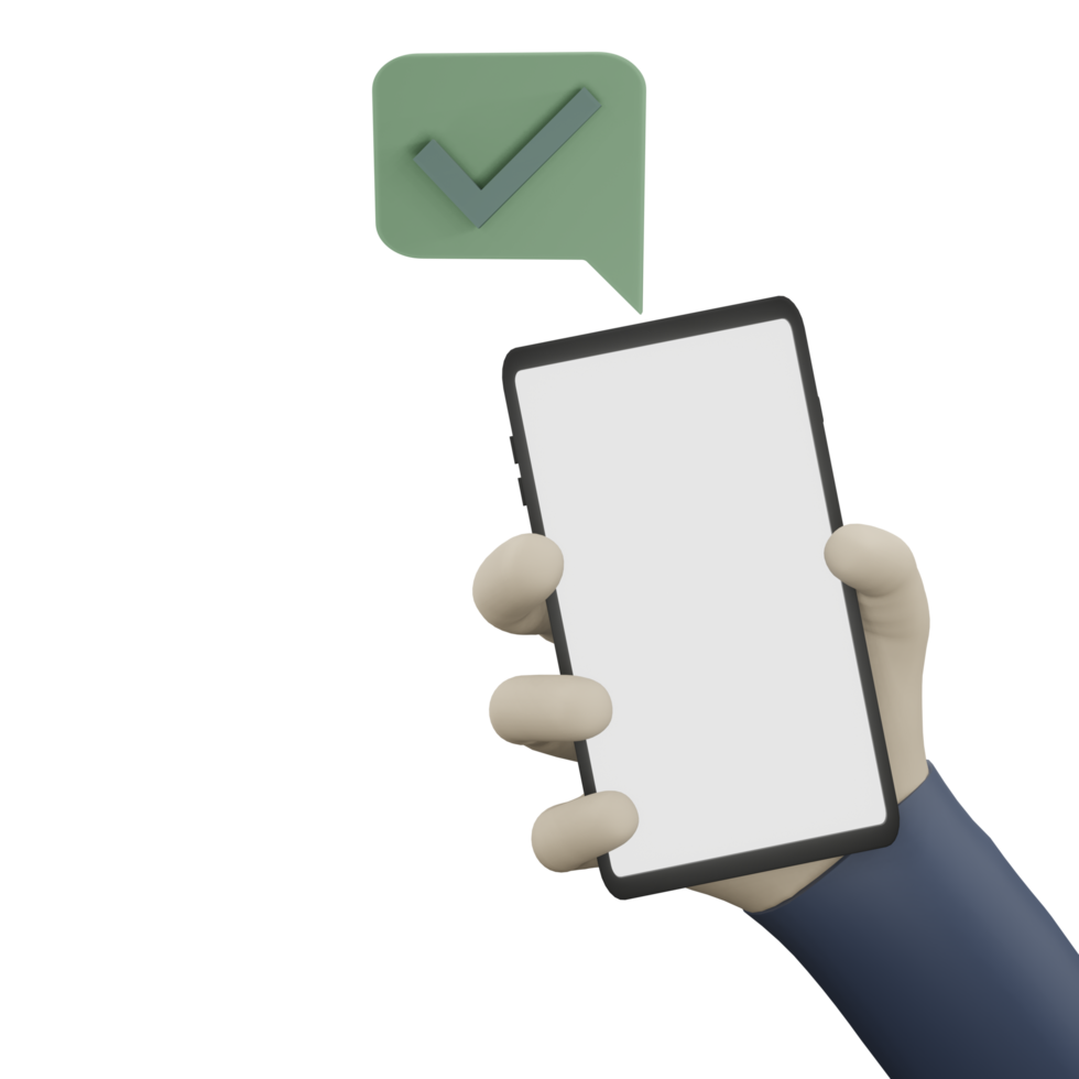 mão segurando o telefone com renderização 3d de notificação de verificação única png
