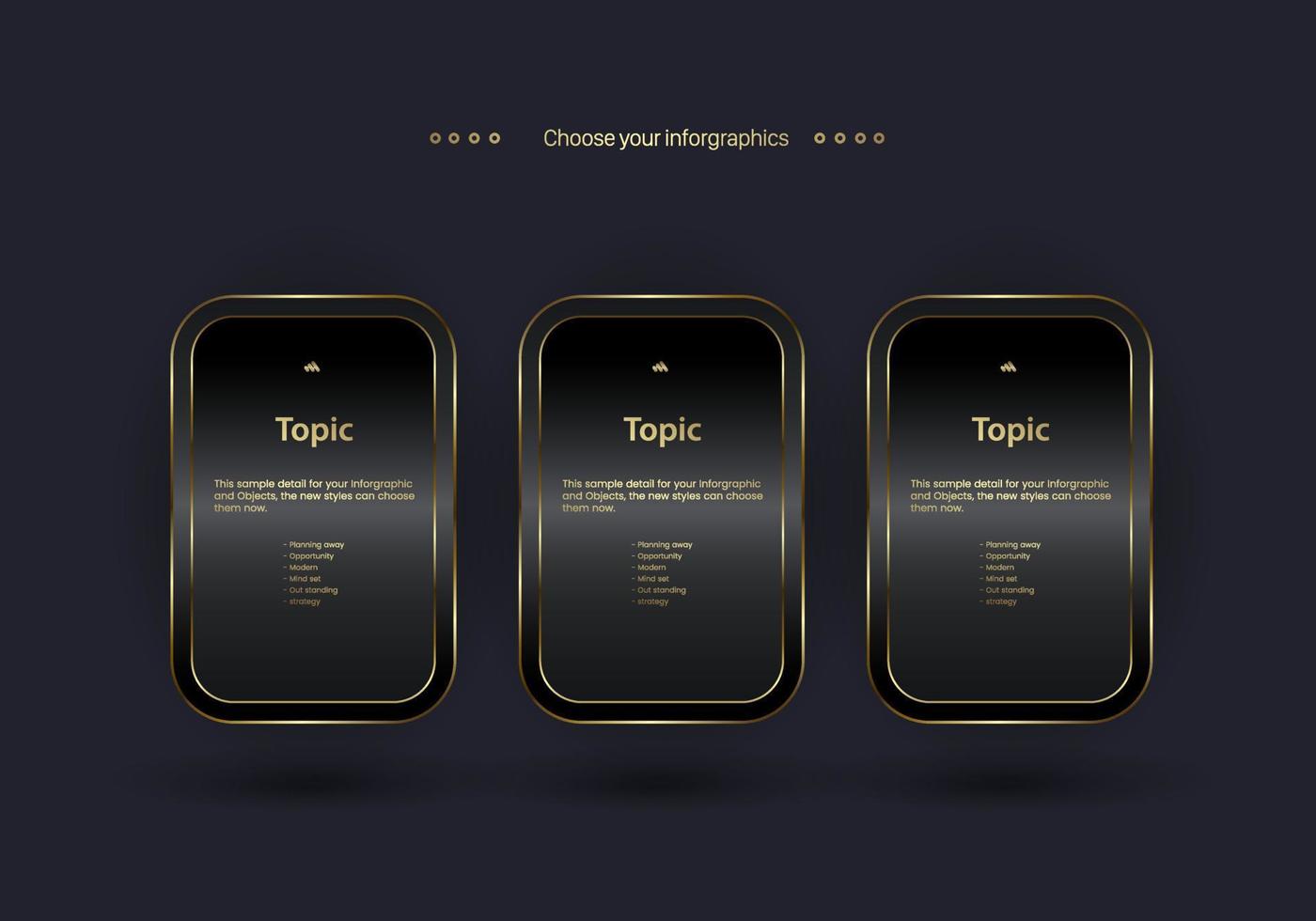 Three premium buttons, options, steps, workflows vector for work plans and options design on dark background.