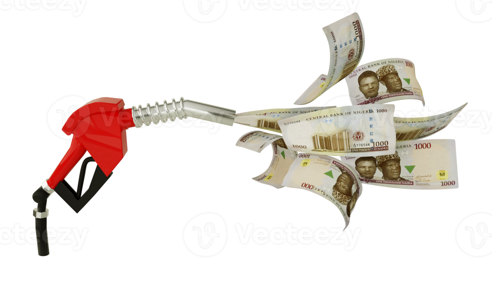 3d rendering of Nigerian naira notes coming out from fuel pump. red fuel nozzle with naira flying around png