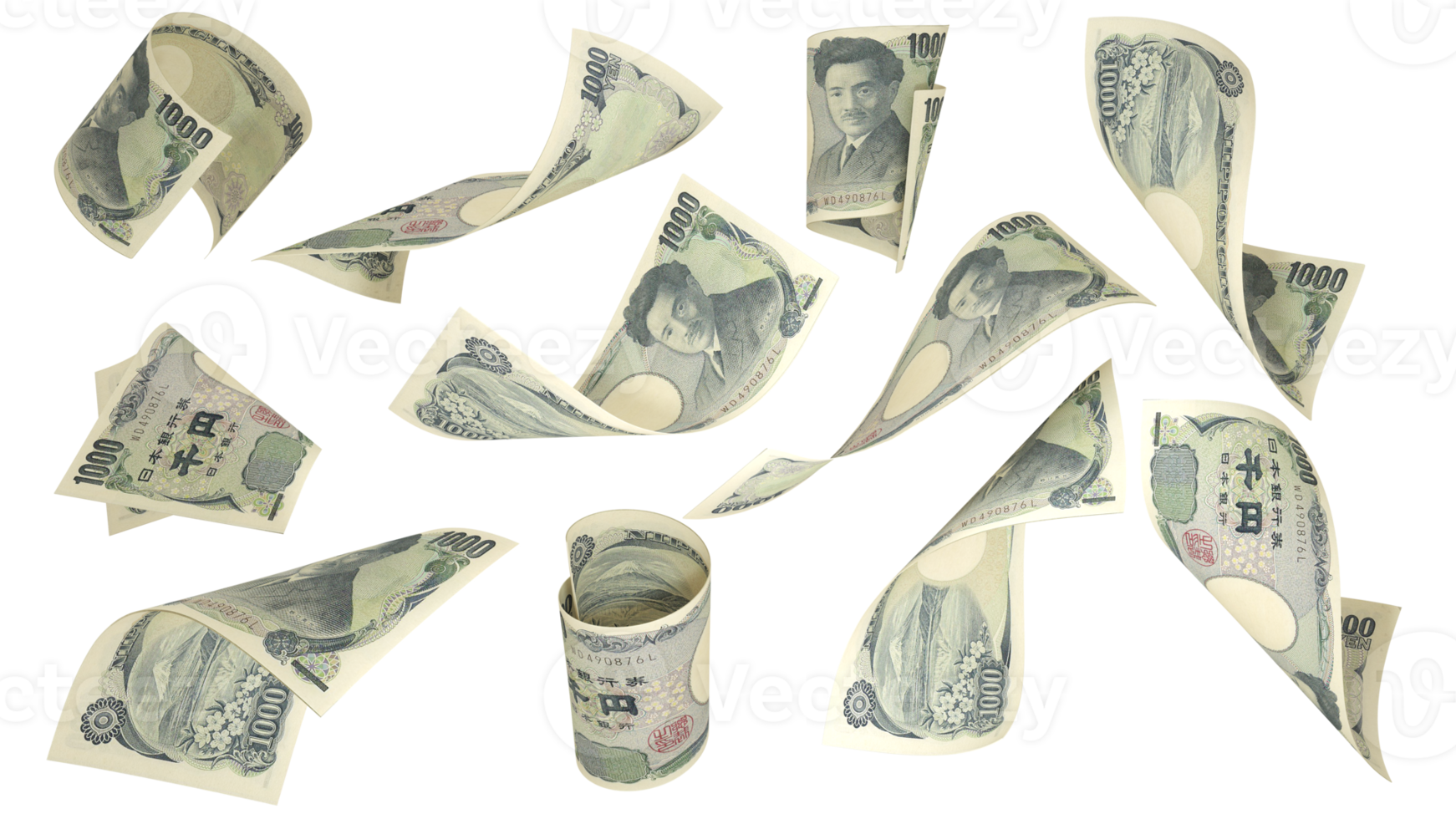 3D rendering of 10000 Japanese yen notes flying in different angles and orientations isolated on transparent background png