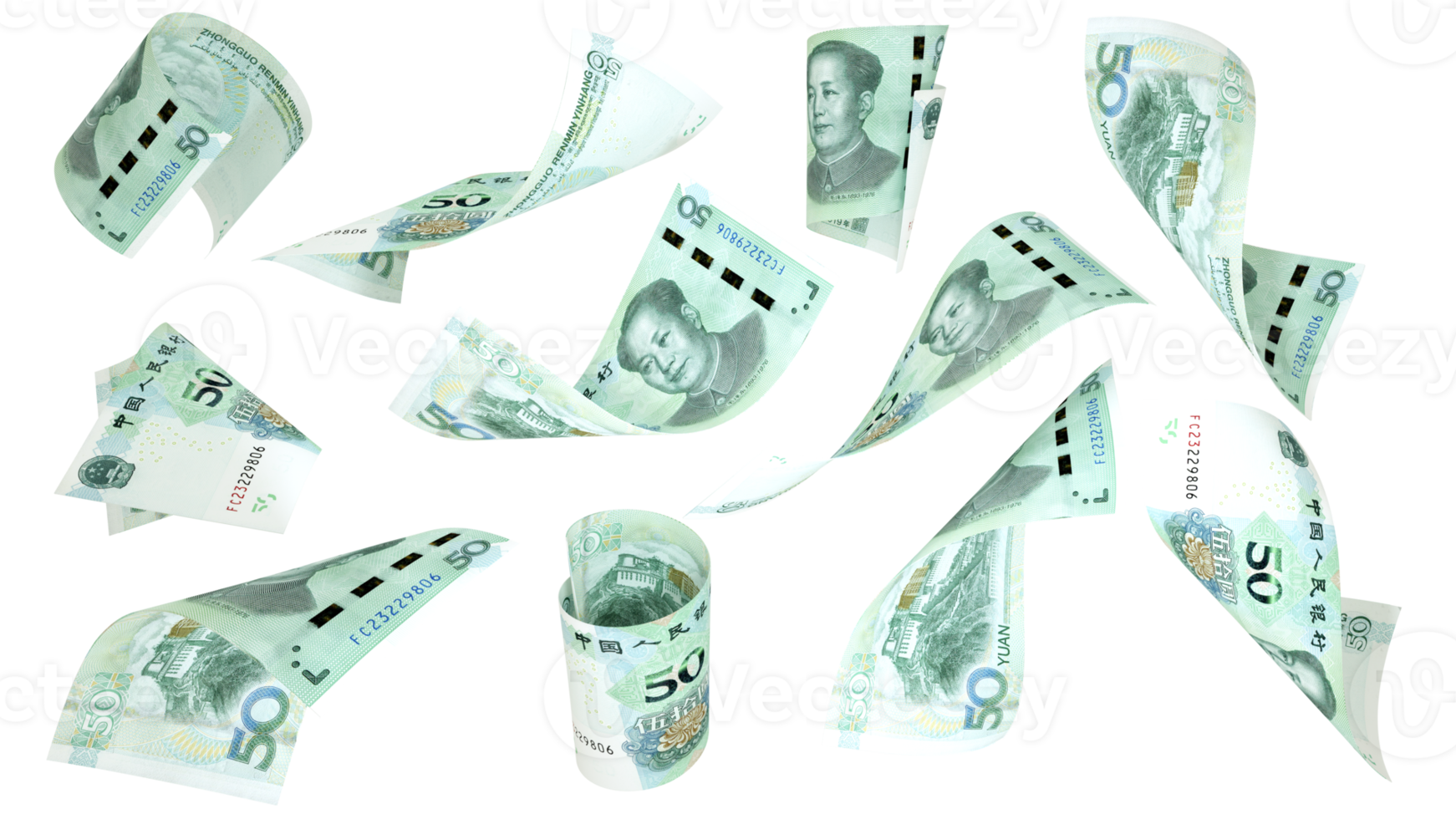 3D rendering of 50 Chinese yuan notes flying in different angles and orientations isolated on transparent background png