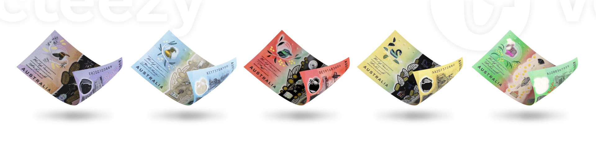 Set of Australian dollar notes denominations. 3d illustration png