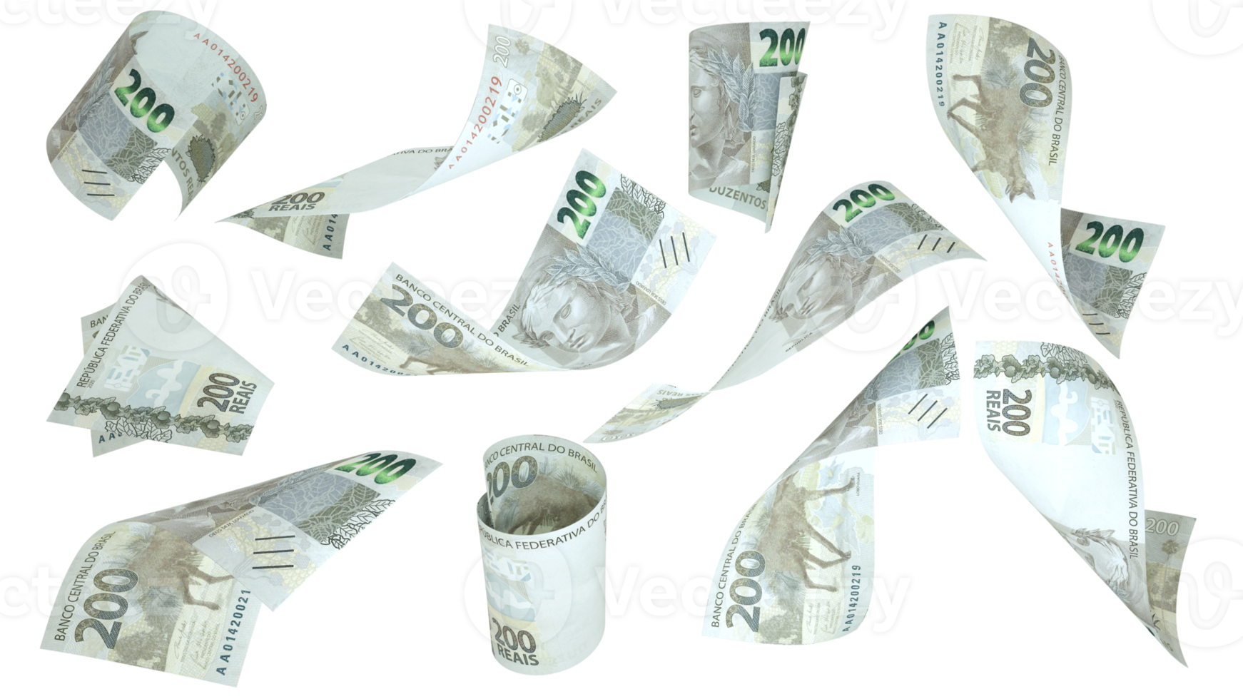 3D rendering of 200 Brazilian real notes flying in different angles and orientations isolated on transparent background png