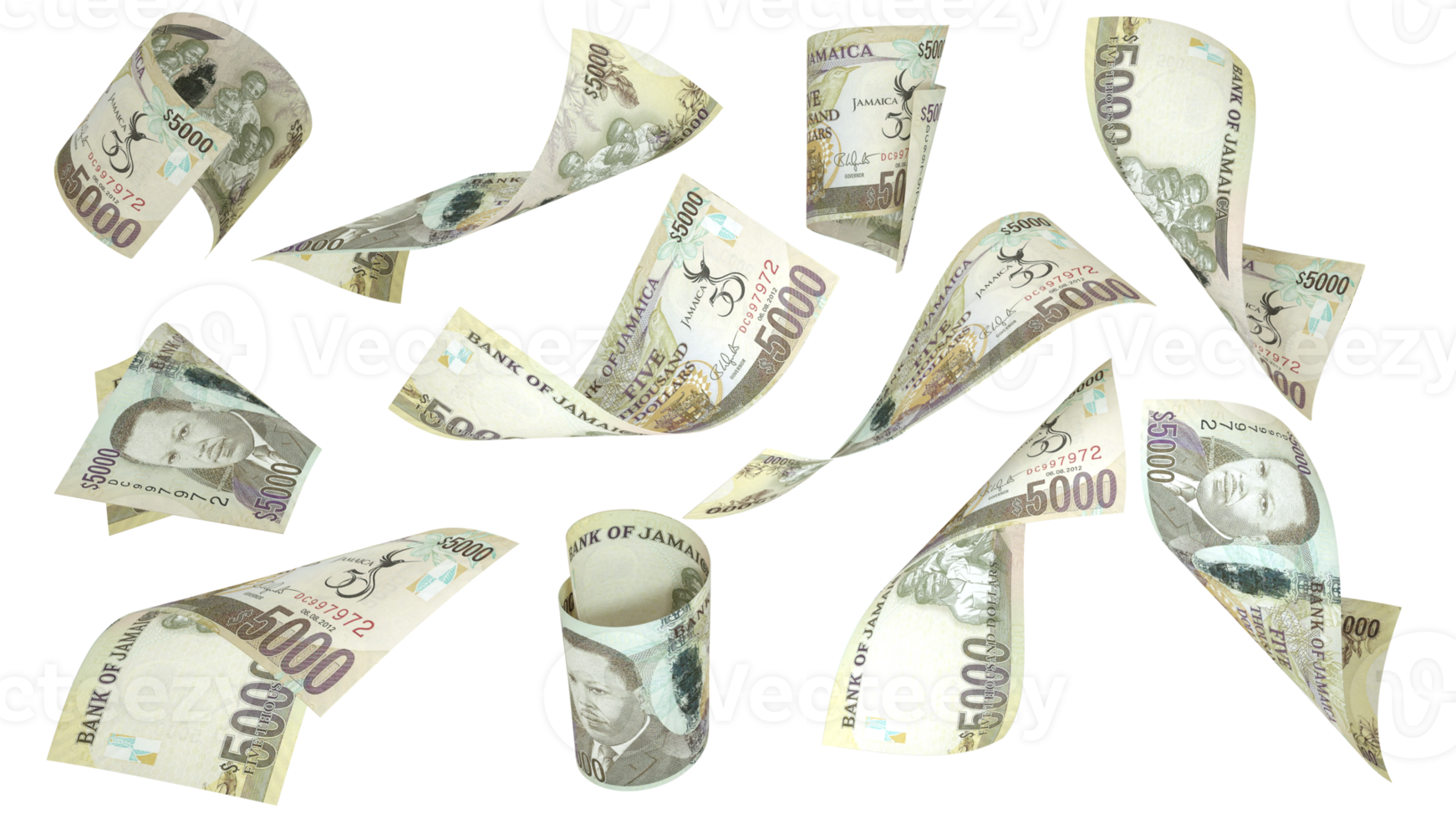 Representación 3d de billetes de 5000 dólares jamaicanos que vuelan en diferentes ángulos y orientaciones aislados en un fondo transparente png