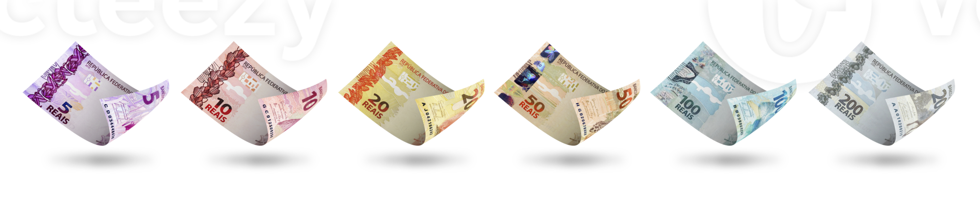 conjunto de denominaciones de billetes reales brasileños. ilustración 3d png