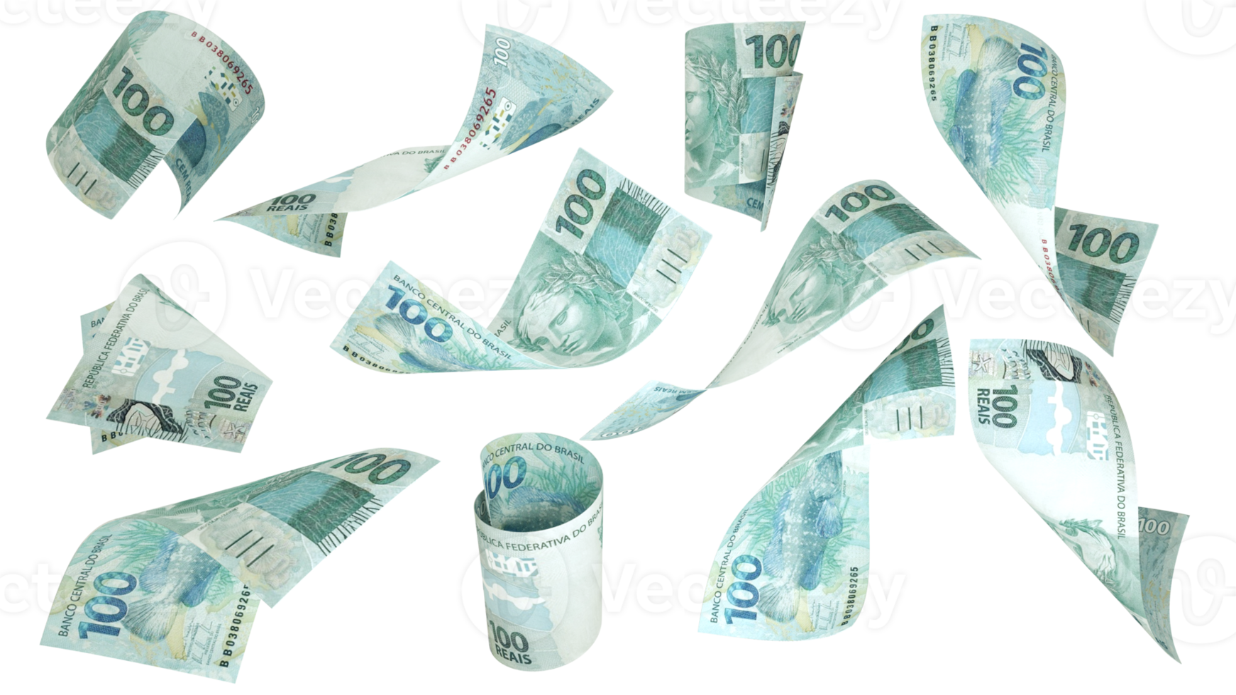 3D rendering of 100 Brazilian real notes flying in different angles and orientations isolated on transparent background png