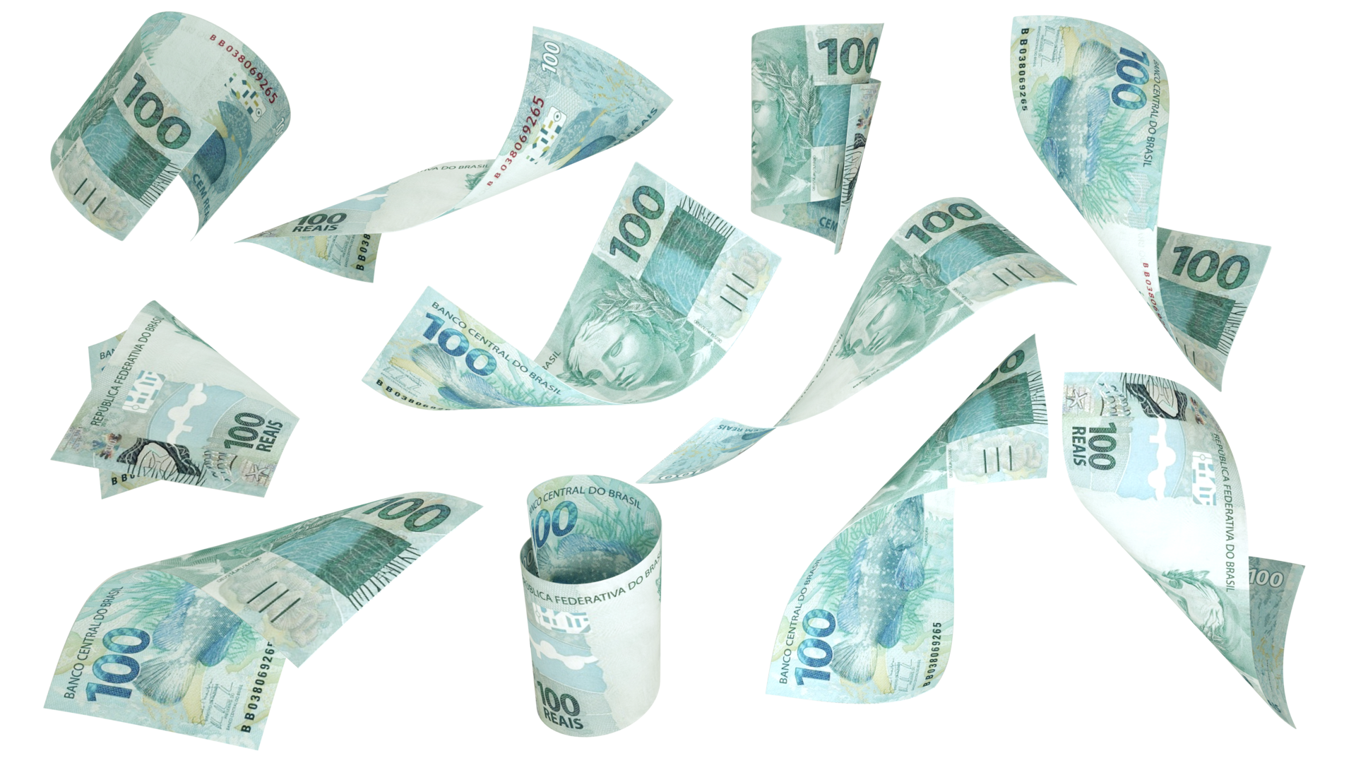 Renderiza o 3D De 100 Notas Reais Brasileiras Voando Em Diferentes 