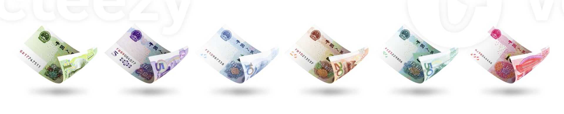 Set of Chinese yuan notes denominations. 3d illustration png