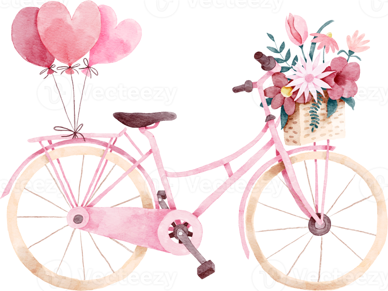 Pink bicycle with flowers and heart shaped balloons png