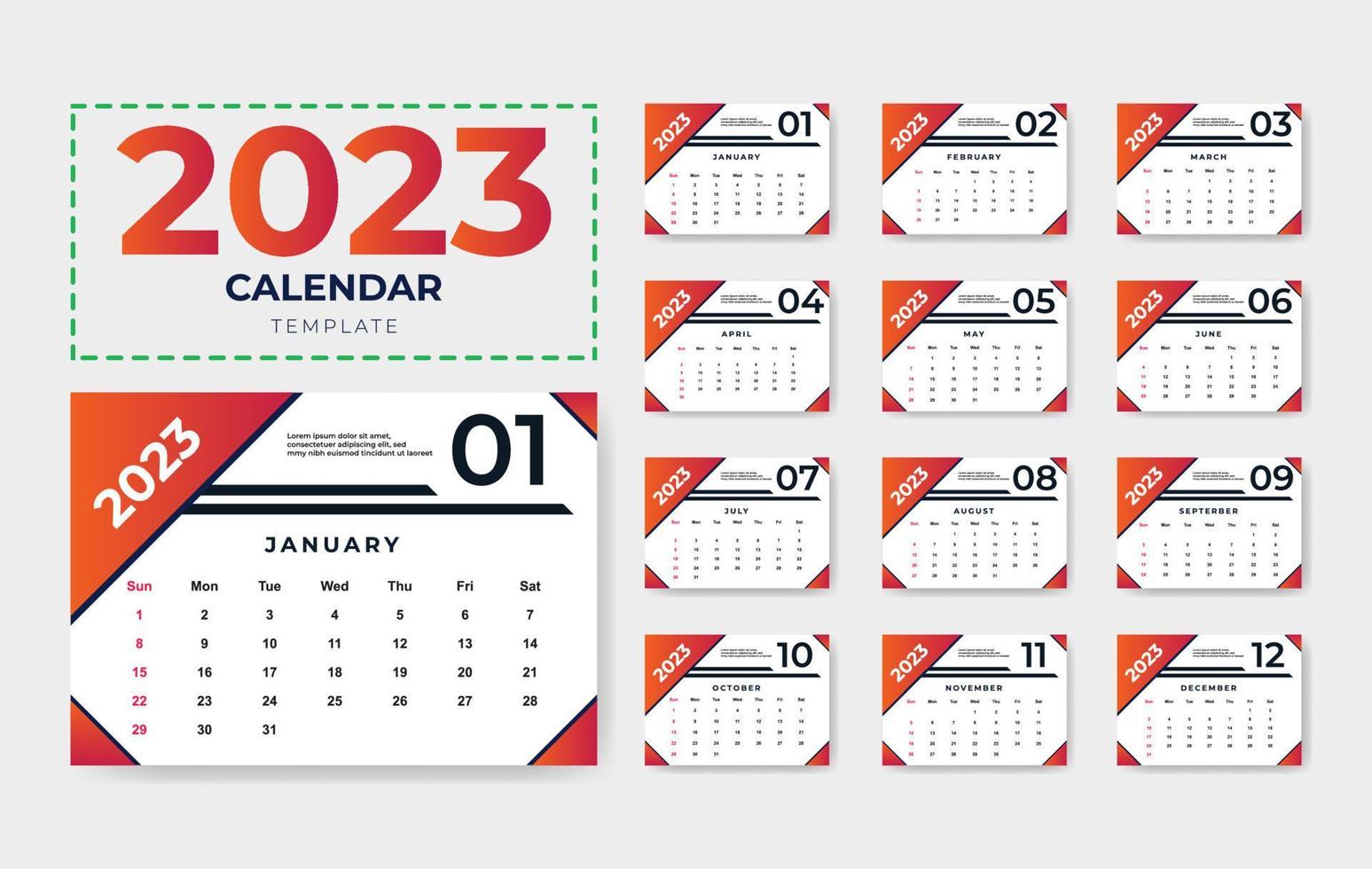 diseño de calendario 2023, plantilla de calendario 2023, diseño de calendario de 12 páginas 2023, diseño de calendario de escritorio 2023 vector