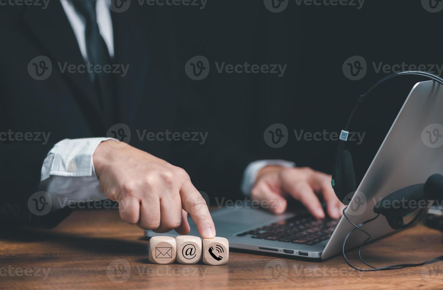 CONTACT US, Hand of Businessman pointing on mail,phone,email, chat icons. Business customer support and service concept. photo