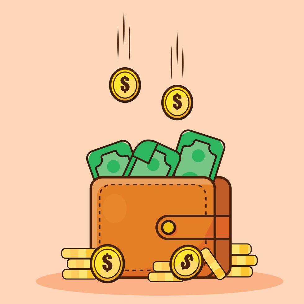 Brown wallet with green paper money. Wallet with money dollar bank note flat design. vector