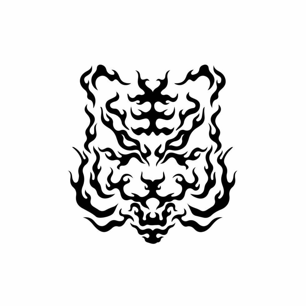 Tiger Head on Fire Symbol Logo on White Background. Wild Animal Tribal Tattoo Design. Decal Stencil Flat Vector Illustration