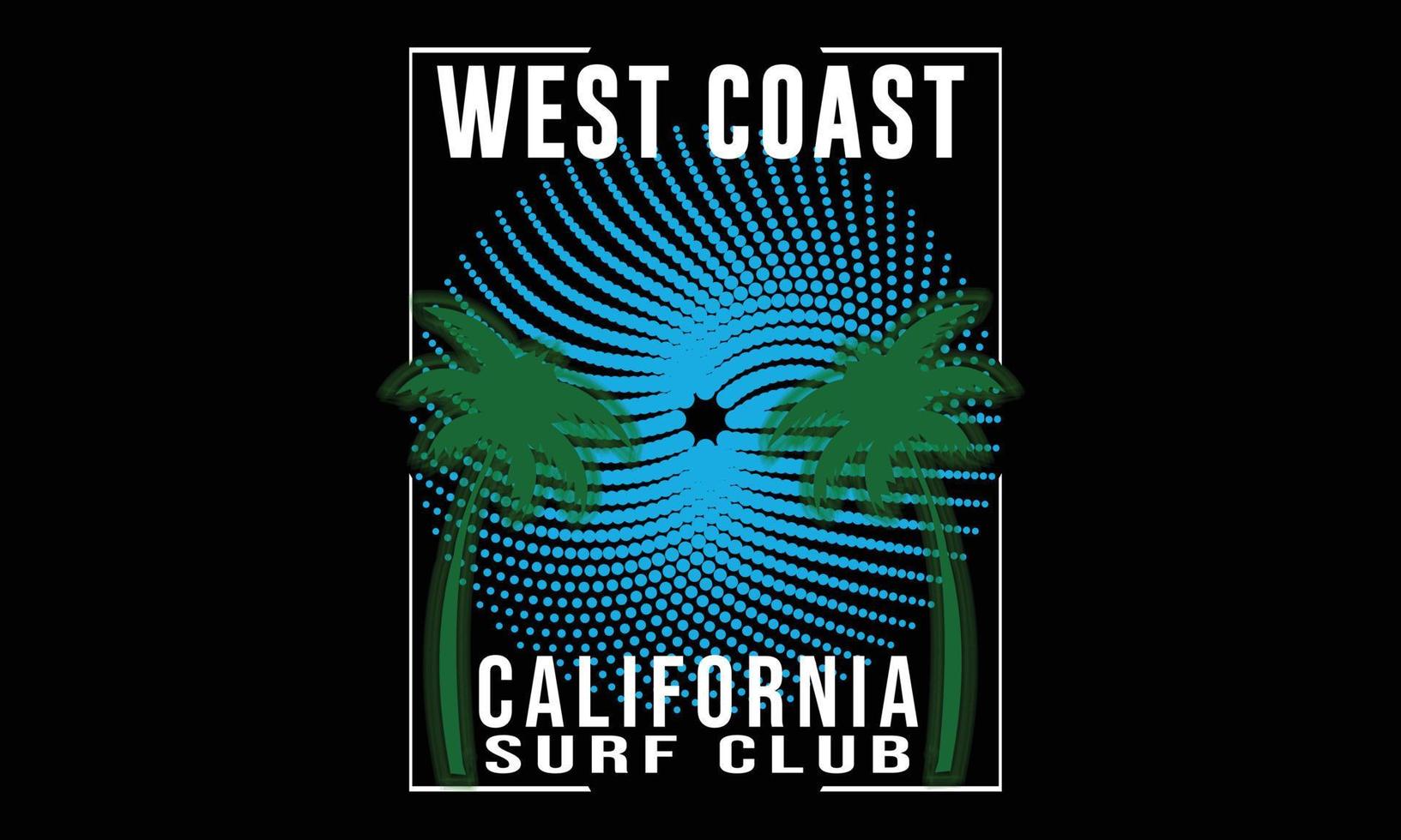 costa oeste california surf club tipografía vector ilustración y diseño colorido. diseño de camiseta vectorial de tipografía del club de surf de la costa oeste de california