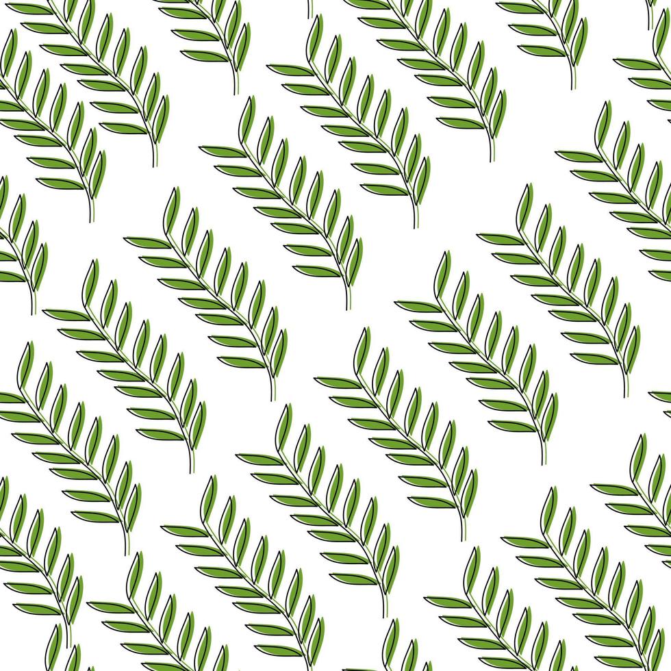 Botanical seamless pattern of green doodle twigs with leaves arranged in diagonal rows on a white background vector