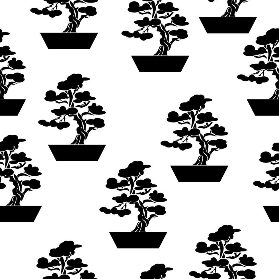 Silhouette bonsai seamless pattern, ornate tree in a pot on a white background vector