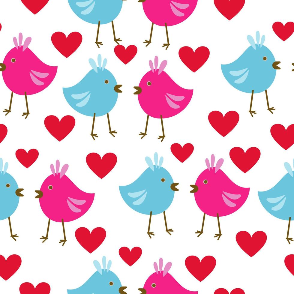 Enamored birds seamless pattern, pink and blue birds and bright red hearts on a white background vector