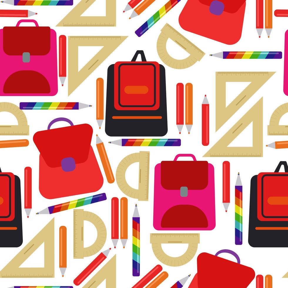 Seamless pattern of school backpacks, rulers and pencils in red shades on a white background vector