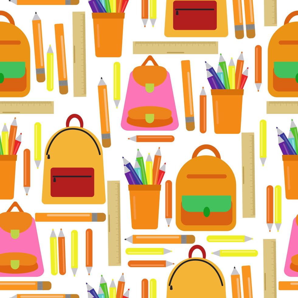 patrón impecable de mochilas escolares, reglas y lápices en tonos naranjas sobre un fondo blanco vector