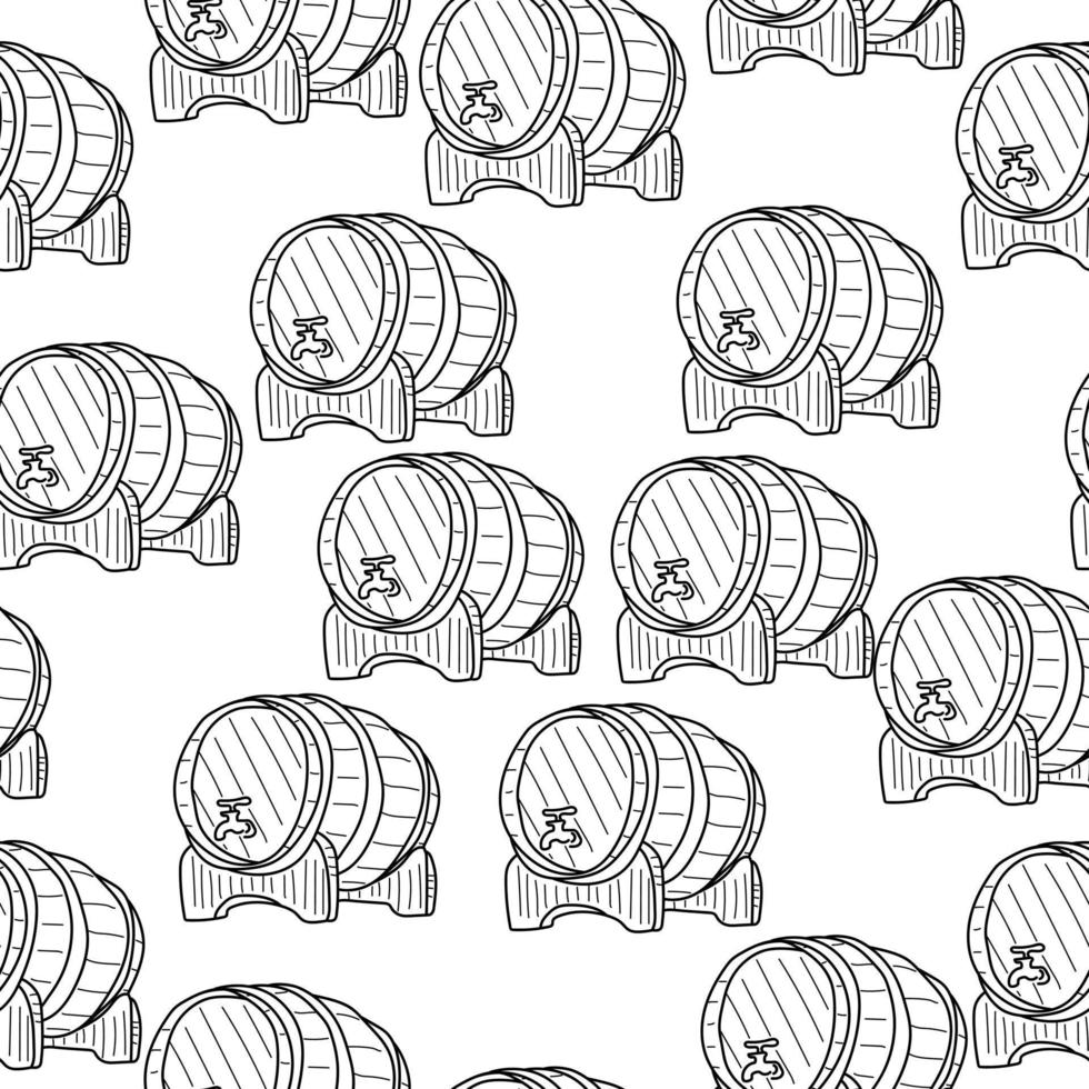 Wine barrels seamless pattern, outline wooden barrels on white background vector