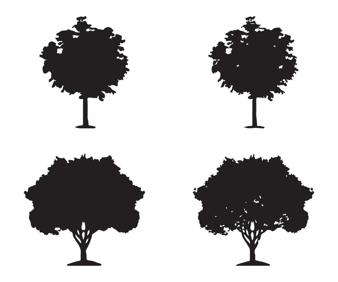 vector de silueta de árbol. siluetas de árboles forestales aislados en negro sobre fondo blanco. conjunto de vectores de siluetas de árboles