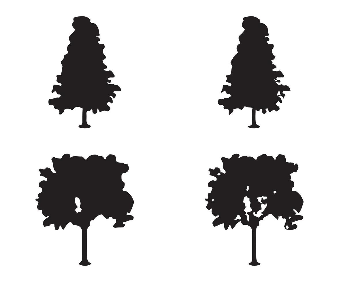 Tree silhouette vector. Isolated forest trees silhouettes in black on white background. Vector set of silhouettes of trees