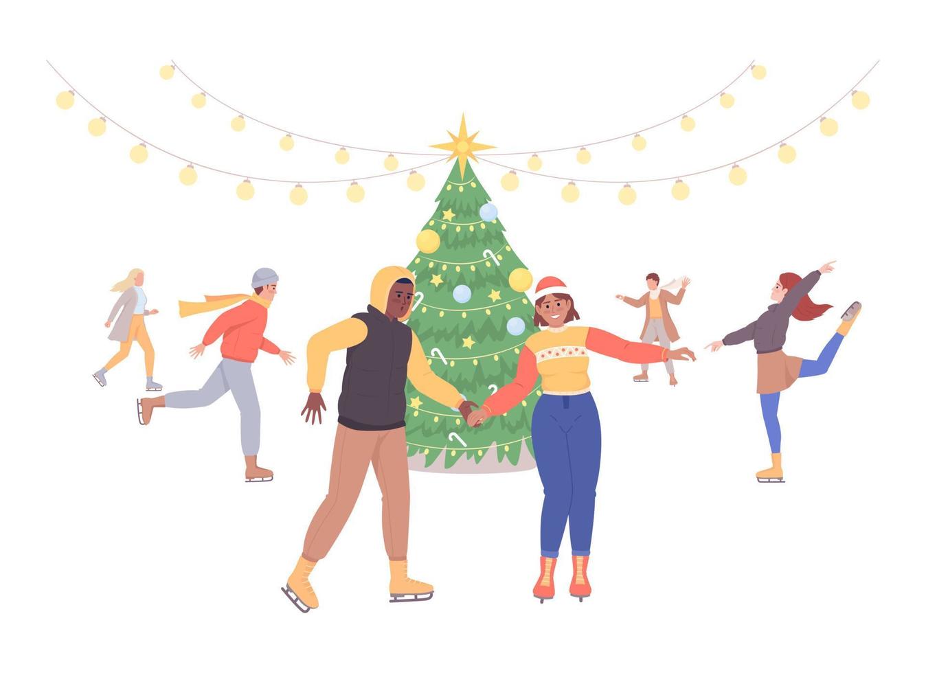 Skating enthusiasts semi flat color vector characters. Editable figures. Full body people on white. Winter wonderland. Simple cartoon style illustration for web graphic design and animation
