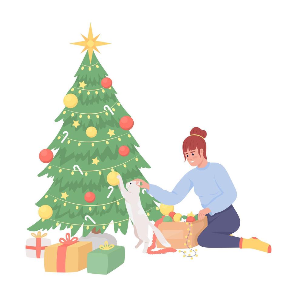 Girl keeping cat away from messing with Christmas tree semi flat color vector characters. Editable full body person on white. Simple cartoon style illustration for web graphic design and animation