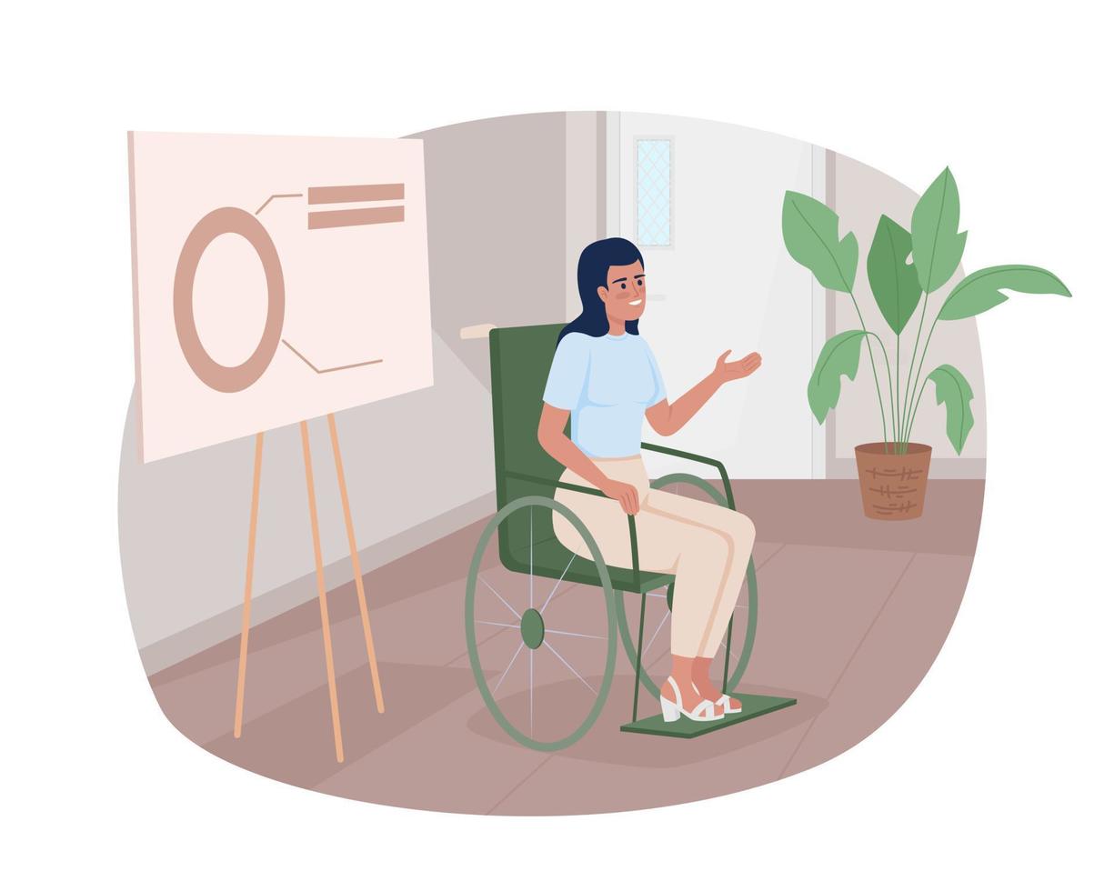 Businesswoman in wheelchair at presentation 2D vector isolated illustration. Entrepreneurship flat character on cartoon background. Colourful editable scene for mobile, website, presentation