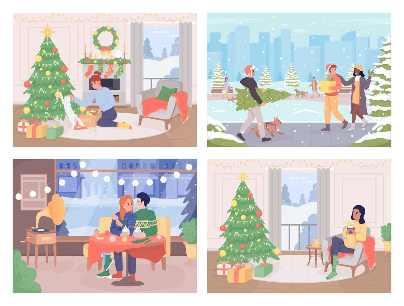 Cozy christmas activities flat color vector illustration set. Xmas holiday. Winter season. Fully editable 2D simple cartoon characters collection with festive New Year atmosphere on background