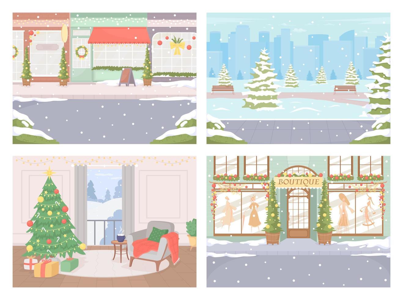 Outdoor and indoor Christmas scenes at daylight flat color vector illustration set. Boutique facade. Snowy streets. Fully editable 2D simple cartoon cityscapes, interior collection with on background