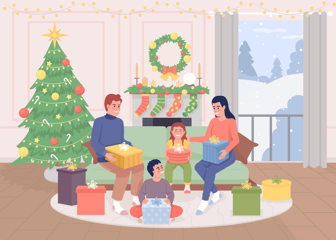 padres desenvolviendo regalos con niños ilustración de vector de color plano. invierno tradición navideña. casa decorada. personajes de dibujos animados simples 2d totalmente editables con árbol de navidad en el fondo