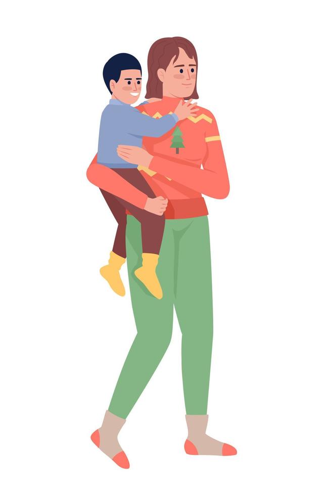 la madre sostiene a su hijo con un carácter vectorial de color semiplano. figura editable. personas de cuerpo completo en blanco. ropa de navidad ilustración de estilo de dibujos animados simple para diseño gráfico web y animación vector
