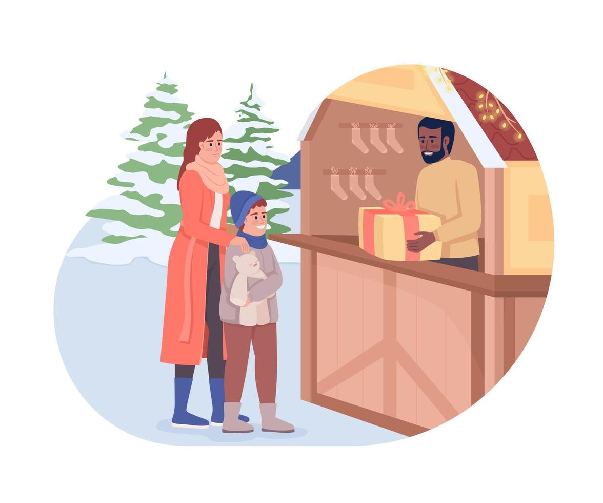 compras de vacaciones 2d vector ilustración aislada. comprando regalos personajes planos sobre fondo de dibujos animados. escena editable colorida de comercio justo de navidad para móvil, sitio web, presentación